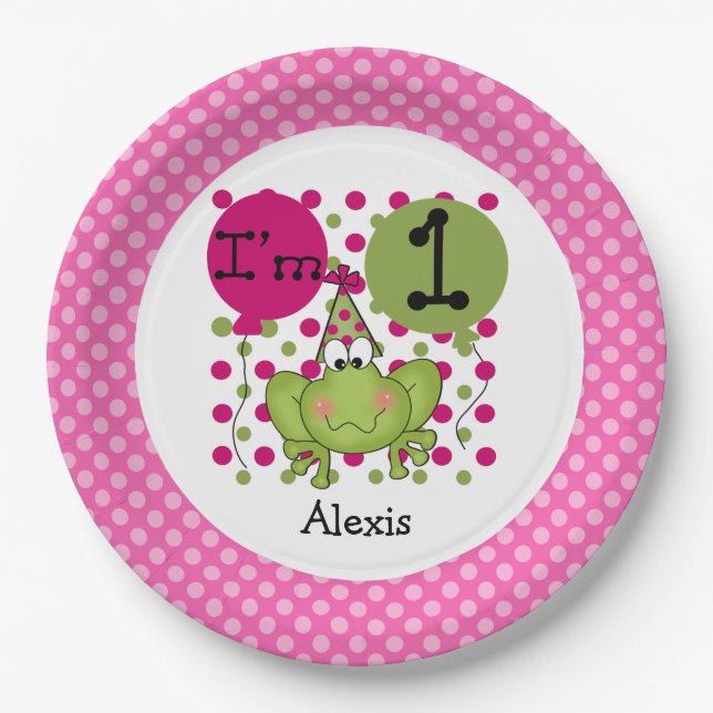 Rosa Frosch 1. Geburtstagspapier Teller (Vorderseite)
