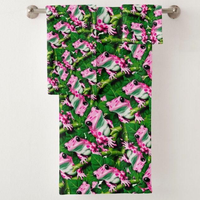 Rosa Frosch auf grünem Leaf-Muster Badhandtuch Set (Von Creator hochgeladen)