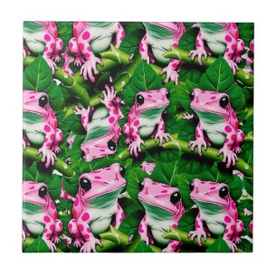 Rosa Frosch auf grünem Leaf-Muster Fliese