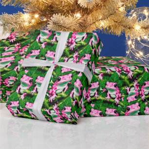 Rosa Frosch auf grünem Leaf-Muster Geschenkpapier
