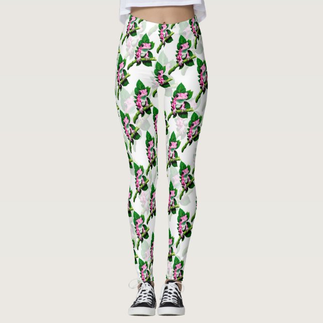Rosa Frosch auf grünem Leaf-Muster Leggings (Vorderseite)