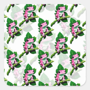 Rosa Frosch auf grünem Leaf-Muster Quadratischer Aufkleber