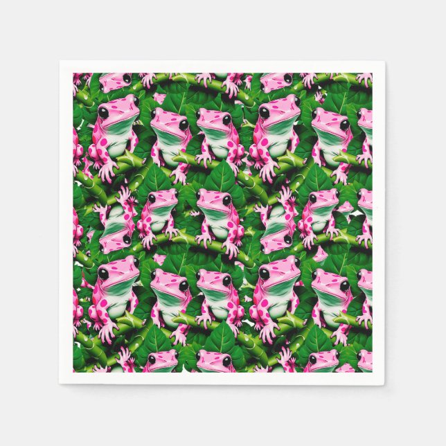 Rosa Frosch auf grünem Leaf-Muster Serviette (Vorderseite)