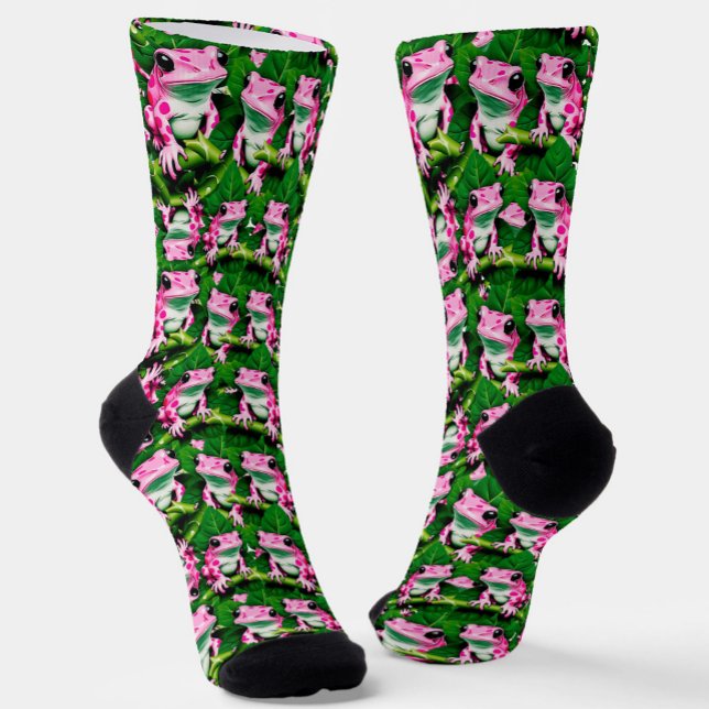 Rosa Frosch auf grünem Leaf-Muster Socken (Von Creator hochgeladen)