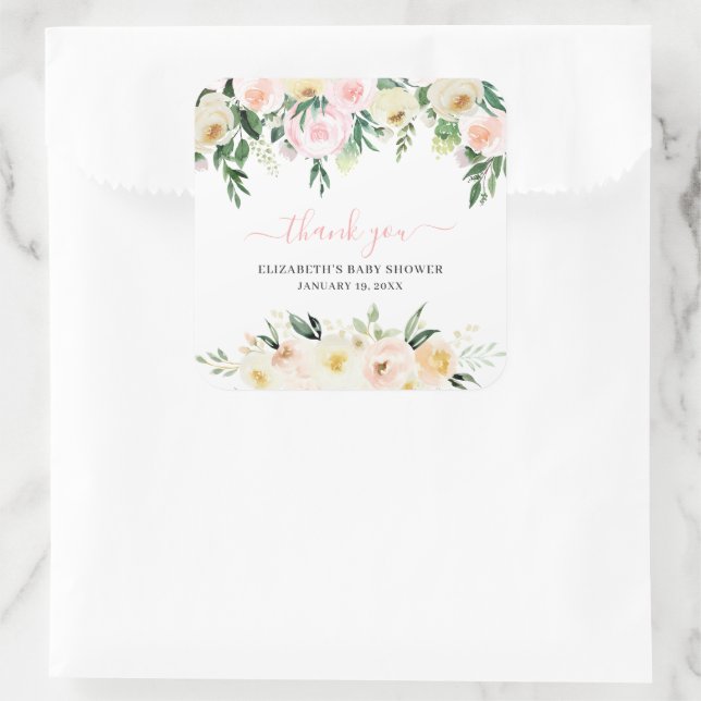 Rosa Frühlingsblüte | Baby Dusche Gefallen Quadratischer Aufkleber (Tasche)