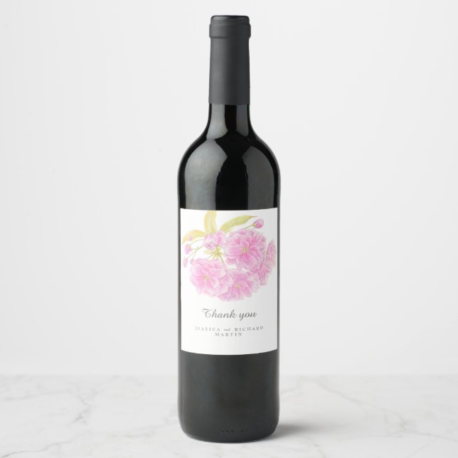 Rosa Frühlingsblüte Kunst Hochzeit danke Ihnen fav Weinetikett (Vorderseite)