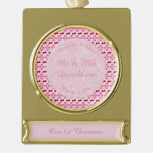 Rosa Frühlingsblüte und Kirschen Banner-Ornament Gold
