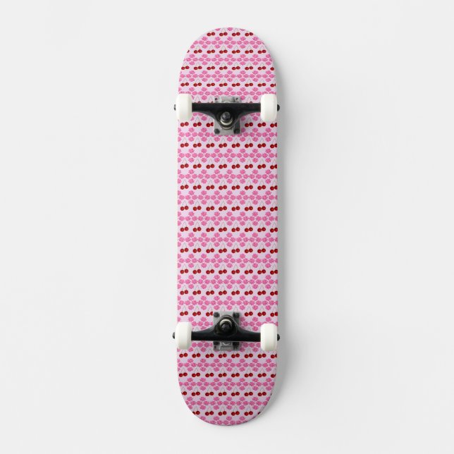 Rosa Frühlingsblüte und Kirschen Gemustert Skateboard (Vorderseite)