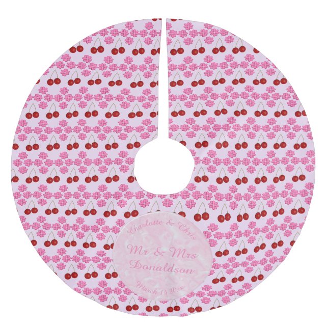 Rosa Frühlingsblüte und Kirschen Polyester Weihnachtsbaumdecke (Vorderseite)