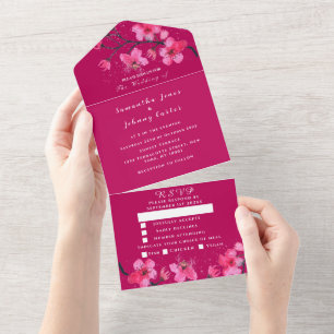 Rosa Fuchsien Blumen Kirschblüten Hochzeit All In One Einladung