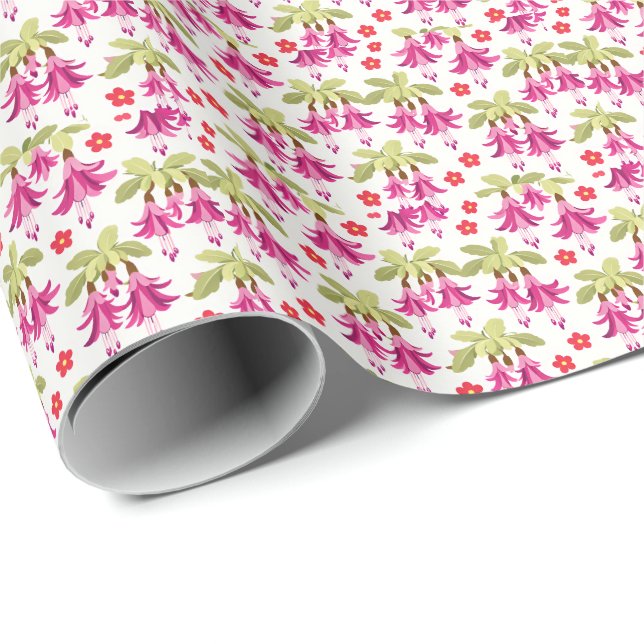 Rosa Fuchsien Blumenmuster – Retro Botanisch Geschenkpapier (Rolleneckpunkt)