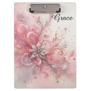 Rosa Funkeln Silber Glitter-Blume Personalisiert Klemmbrett