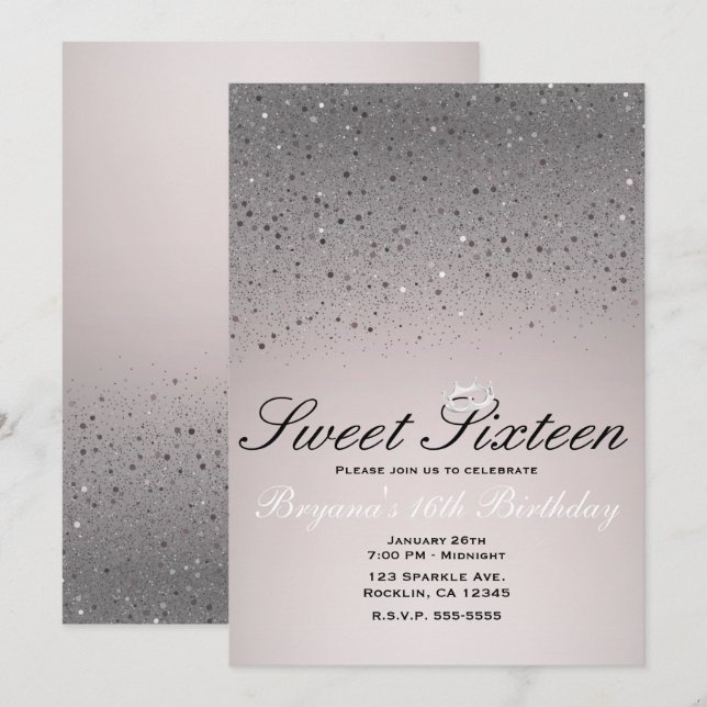 Rosa Funkelnd Glitzer Sweet 16 Crown Party Einladung (Vorne/Hinten)