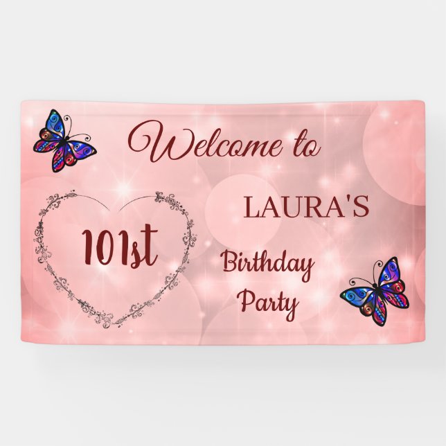 Rosa Funkelnd Schmetterling personalisiert 101. Ge Banner (Horizontal)