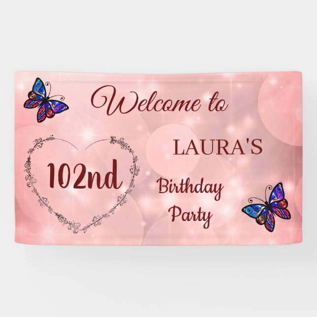 Rosa Funkelnd Schmetterling personalisiert 102. Ge Banner (Horizontal)