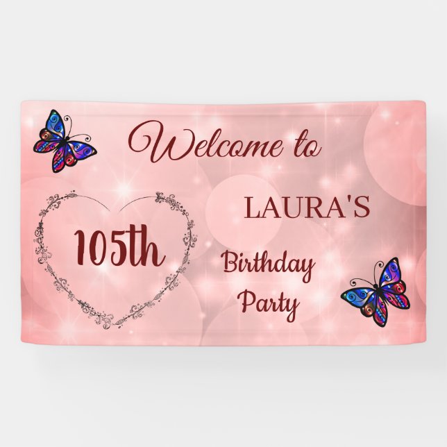 Rosa Funkelnd Schmetterling personalisiert 105. Ge Banner (Horizontal)
