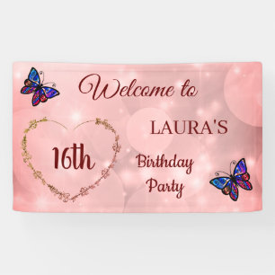 Rosa Funkelnd Schmetterling personalisiert 16. Geb Banner