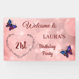 Rosa Funkelnd Schmetterling personalisiert 21. Geb Banner