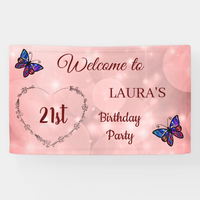 Rosa Funkelnd Schmetterling personalisiert 21. Geb Banner (Horizontal)