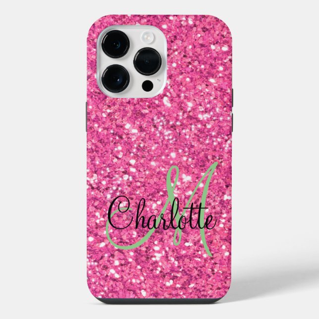 Rosa funkelnder Glitter mit Monogramm    iPhone 14 Pro Max Hülle (Rückseite)