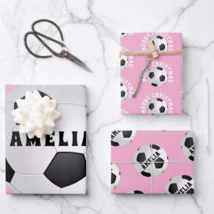 Rosa Fußball-Bälle Kinder Name Weihnachten Geschenkpapier Set