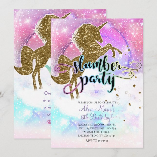 Rosa Galaxie Magisches Einhorn Sparkle Slumber Par Einladung (Vorne/Hinten)