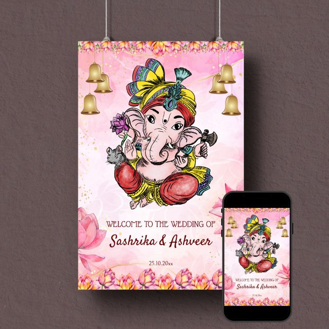 Rosa Ganesha lotus Indischer Hochzeitsempfang Poster (Ganesha pink Indian wedding welcome sign poster template pink lotus flowers gold bells)