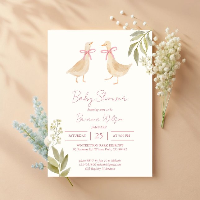 Rosa Gänse Kinderzimmer Rymnen Babydusche Einladung (Pink Goose nursery rhymes twins baby shower Invitation cards template)