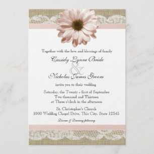 Rosa Gänseblümchen Landspitze und Jute Hochzeit Einladung