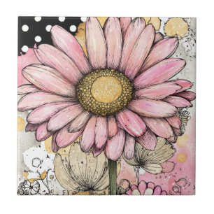 Rosa Gänseblümchen-Skizze mit goldenem gelben Zent Fliese