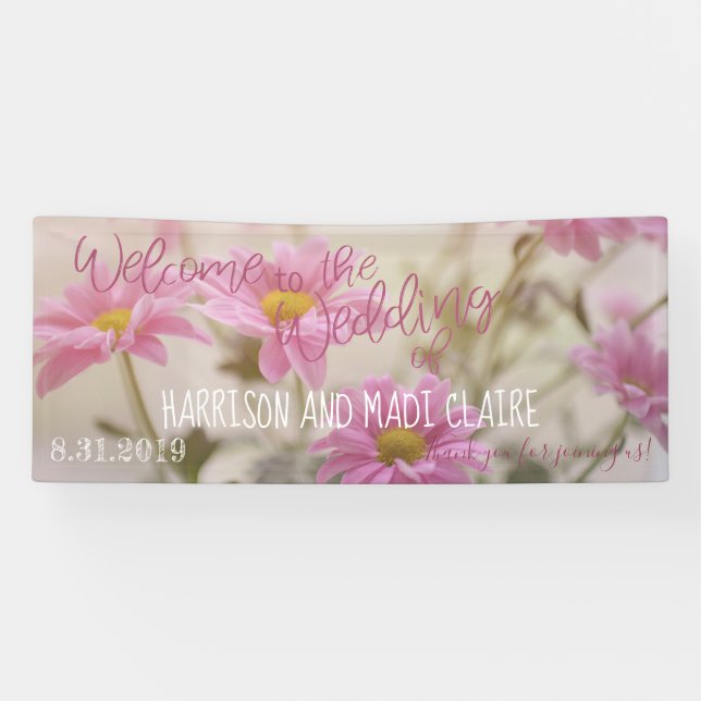 Rosa Gänseblümchen-Willkommen zur Hochzeits-Fahne Banner (Horizontal)