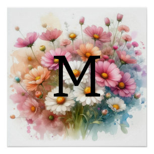 Rosa Gänseblütenblütenfarben, Monogramm, Blume Poster