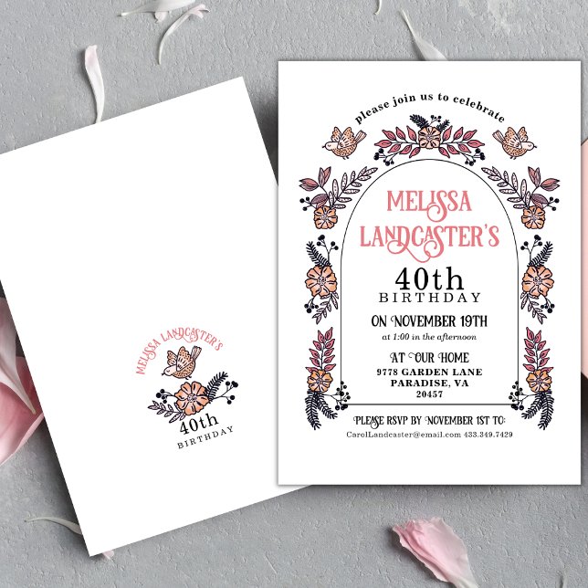 Rosa Garden Blume Arch 40. Geburtstag Einladung (Elegant Pink Floral Garden Arch Birthday Invitation)