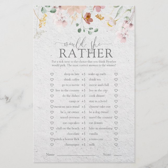 Rosa Garden Blume Brautparty Game (Vorderseite)