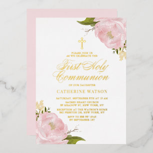 Rosa Garden Rose First Holy Communion Gold Folieneinladung