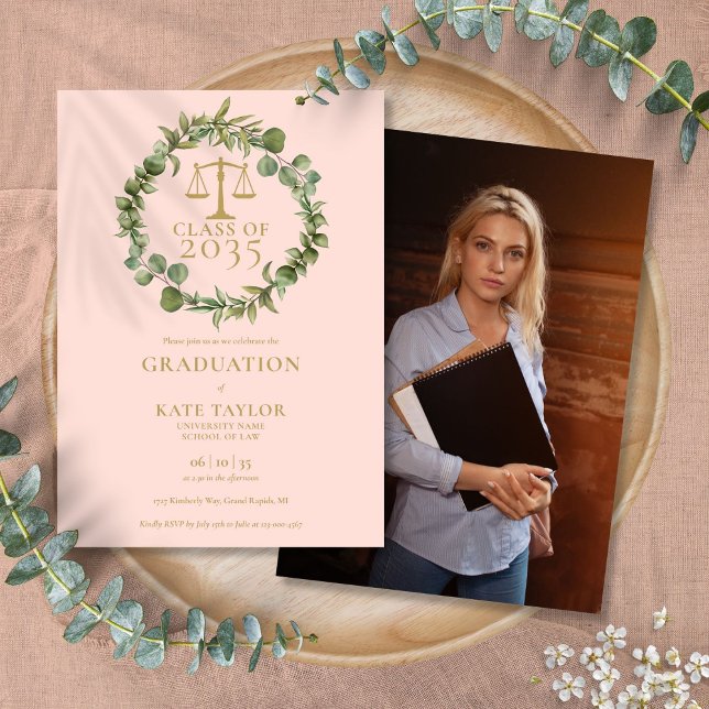 Rosa Garland Law School Abschluss Foto Einladung (Blush Pink Garland Law School Graduation Photo Invitation)