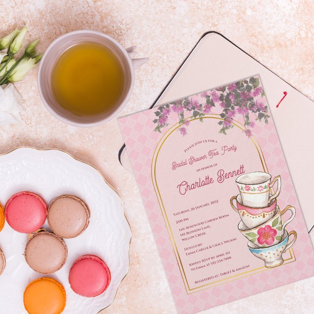 Rosa Gartentasse Blumige Teeparty-Hochzeitsdusche Einladung (Pink Garden Teacup Floral Tea Party Bridal Shower Invitation)