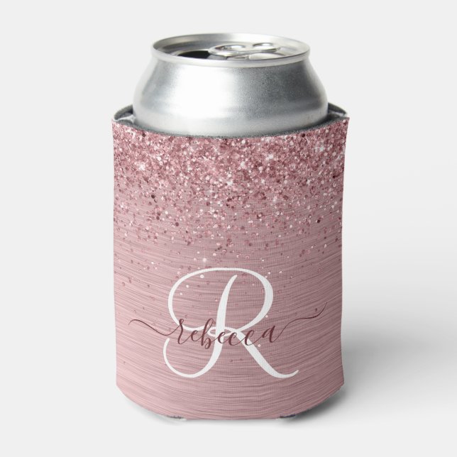 Rosa gebürsteter Glitzer Monogramm Name Dosenkühler (Kanne Vorderseite)