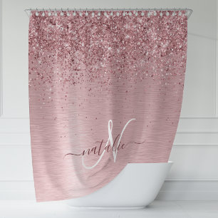 Rosa gebürsteter Glitzer Monogramm Name Duschvorhang
