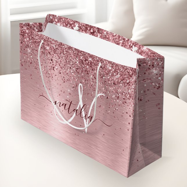 Rosa gebürsteter Glitzer Monogramm Name Große Geschenktüte (Von Creator hochgeladen)