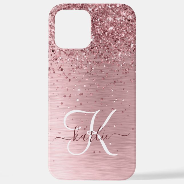 Rosa gebürsteter Glitzer Monogramm Name iPhone 12 Pro Max Hülle (Rückseite)