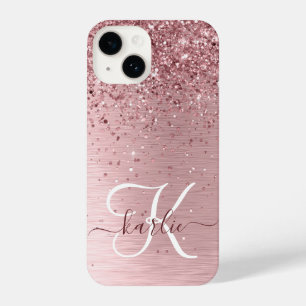 Rosa gebürsteter Glitzer Monogramm Name iPhone 14 Hülle