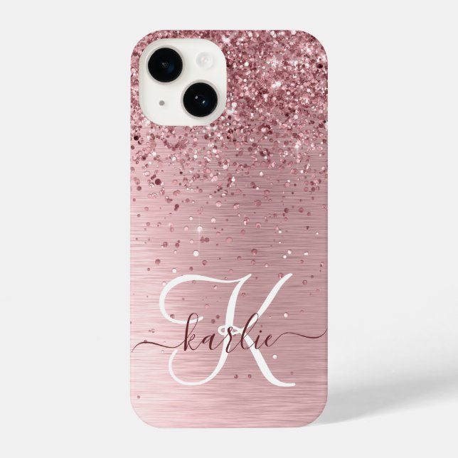 Rosa gebürsteter Glitzer Monogramm Name iPhone 14 Hülle (Rückseite)