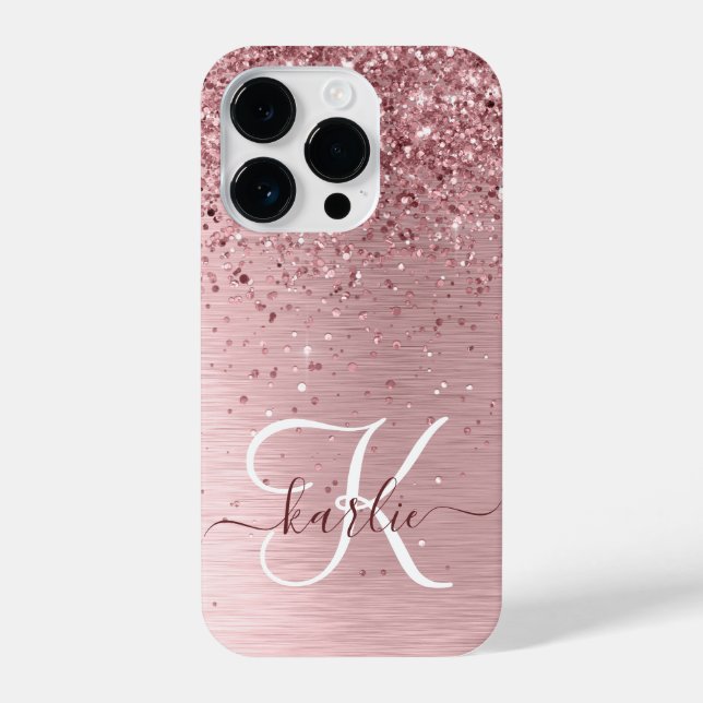 Rosa gebürsteter Glitzer Monogramm Name iPhone 14 Pro Hülle (Rückseite)