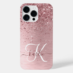 Rosa gebürsteter Glitzer Monogramm Name iPhone 14 Pro Max Hülle