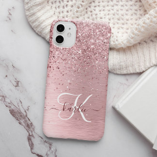 Rosa gebürsteter Glitzer Monogramm Name iPhone 15 Hülle