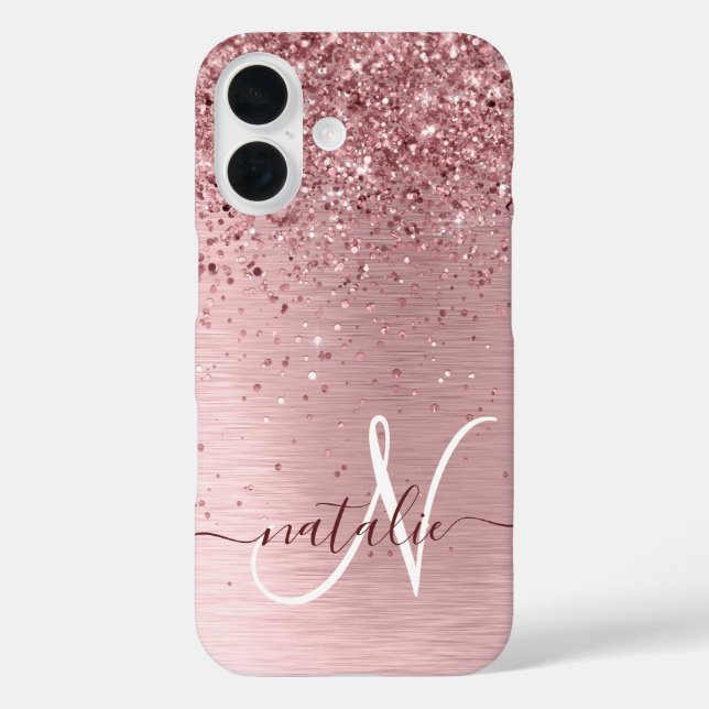 Rosa gebürsteter Glitzer Monogramm Name iPhone 16 Hülle (Rückseite)