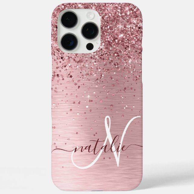 Rosa gebürsteter Glitzer Monogramm Name iPhone 16 Pro Max Hülle (Rückseite)