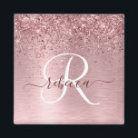 Rosa gebürsteter Glitzer Monogramm Name Magnet<br><div class="desc">Dieses trendige,  schicke Magnetdesign mit hübschem,  schwarz-rosa funkelndem Glitzer auf einem rot-rosa gebürsteten metallischen Hintergrund ist einfach zu personalisieren.</div>