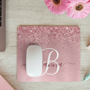 Rosa gebürsteter Glitzer Monogramm Name Mousepad